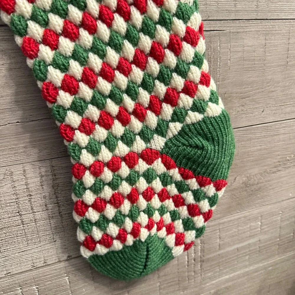 Vintage Style Hand Knit‎ Christmas Stocking Red Green White Diamond Bubble Knit